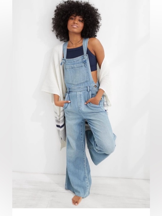 aerie Denim - AERIE Wide Leg Lightweight Denim‎ Overalls XS Blue Boho Relaxed Country Mom